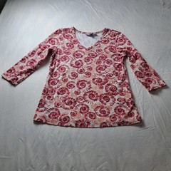 Karen Scott Womens V-Neck Long Sleeve Top M Pink Red Floral Stretch Knit