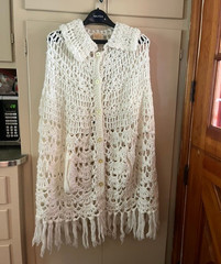 1960s Glentex Hand Made Knit Poncho Button Down Collared Sweater Fringe White