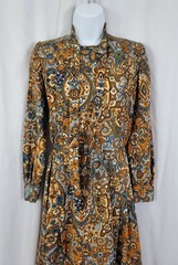 Vintage Blue/Tan/Orange/Brown Patterned Blouson Dress w Tie Collar Size XS/S?