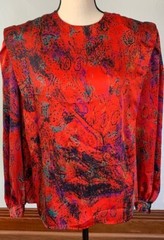 Vtg TESS Paris Secretary Blouse Sz 14 Fall Winter Satin Crimson RED Paint Splash