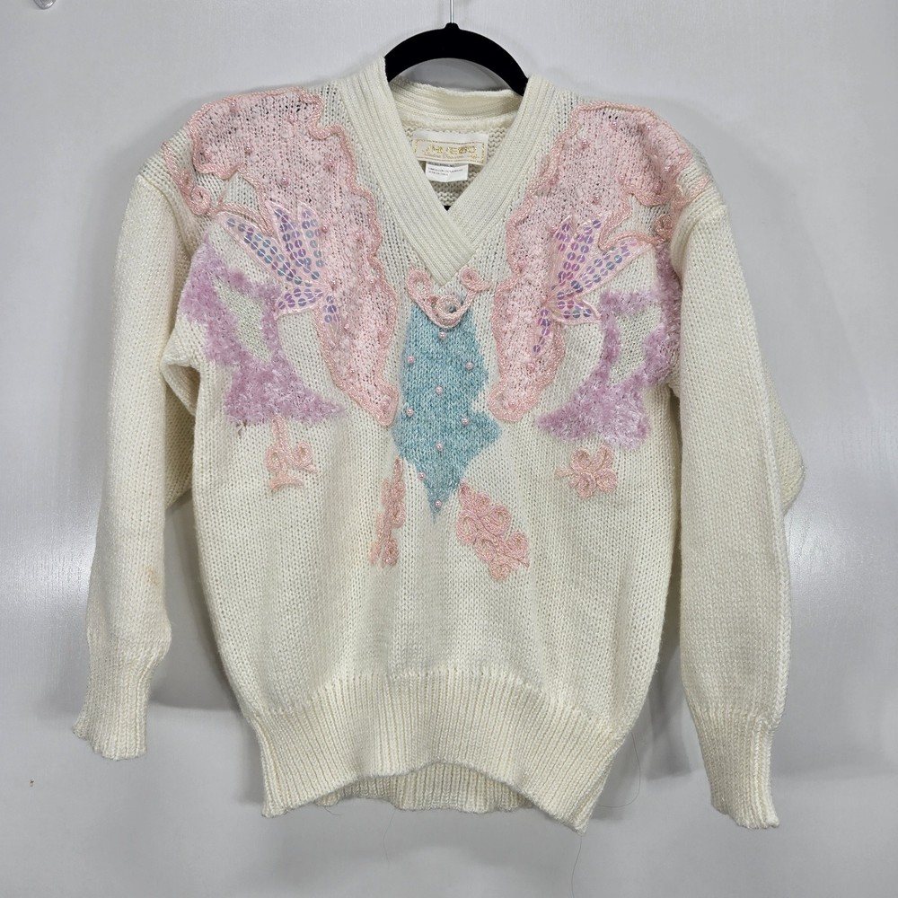 VTG 1980s Sheseido Pastel Sweater M White Blue Pink Lurex Chenille Pearls Fairy