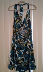 Vintage Vibe Y2K Teal Abstract Swirl Halter Top Midi Dress 2X Boho Smocked