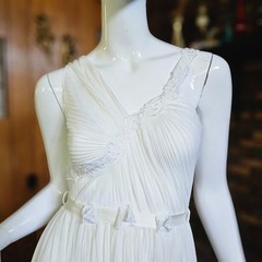 Vtg 50s Grecian Goddess Crystal Pleats Full Sweep Peignoir Gown Nightgown S/M