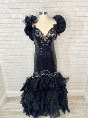 80s Black Ra Ra Rah Rah Ruffle PuffShoulder Formal Pageant Gown Prom Dress Small