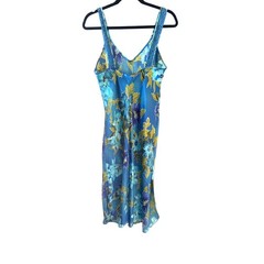 California Dynasty Vintage 70s Retro Blue Tropical Floral Satin Slip Dress L