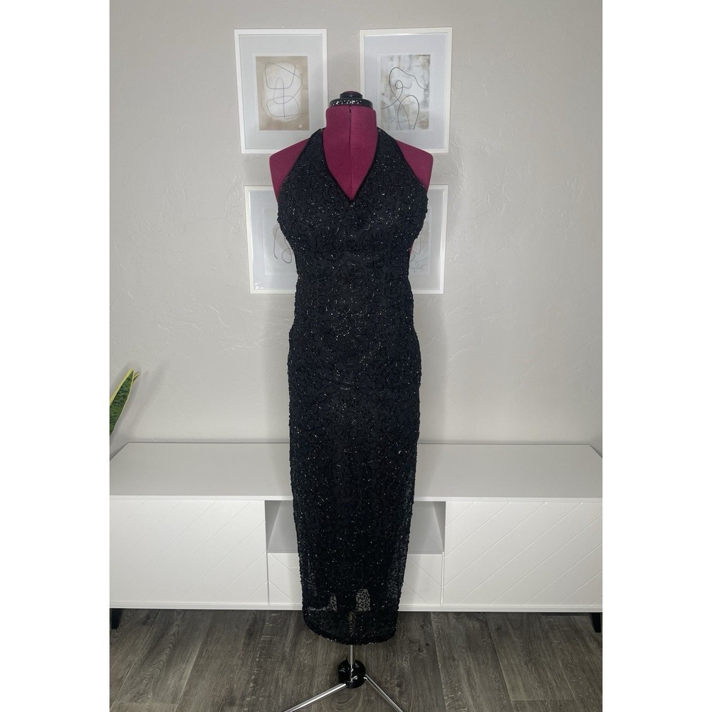 Vintage Cache Dress Y2K 90s Womens Small Whimsigoth Black Beaded Open Back Dress