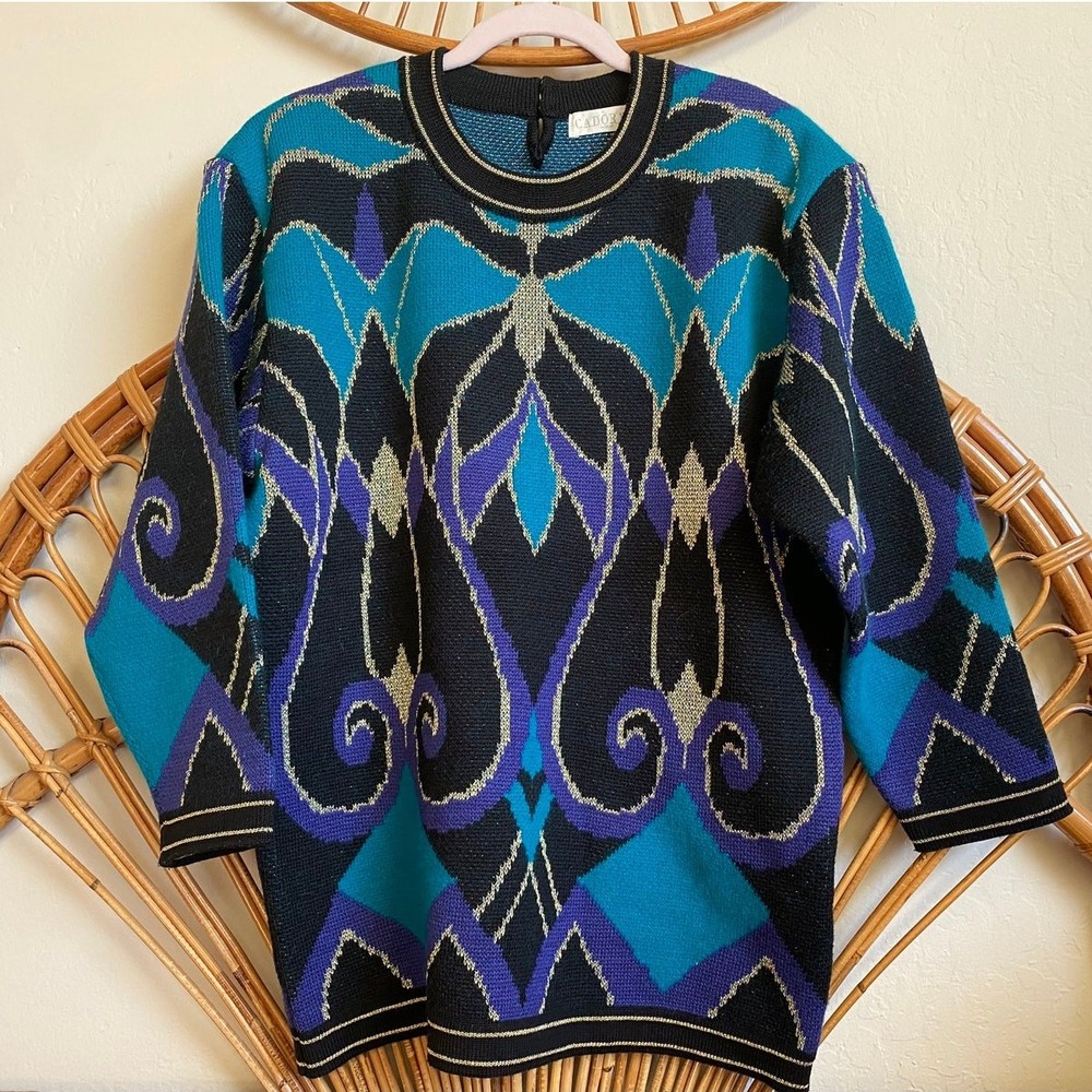 Vintage Wool Blend Sweater Metallic Gold Lame Black Teal Purple 1990s Cadorna