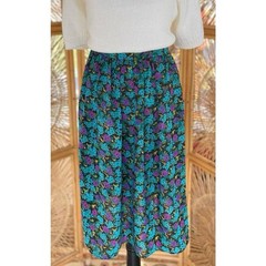 Vintage Notations Bright & Colorful Teal Aqua & Purple Flowers Print Skirt