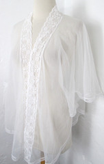 Vintage Appel Sheer White Organza + Lace Open Front Bridal Bed Jacket Women’s M