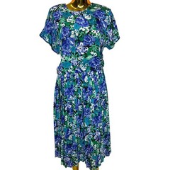 90s Vintage Floral Prairie Midi Dress Blue Green Pleated Skirt USA Made Large 12