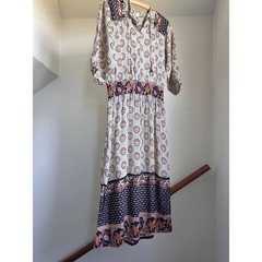 Vintage 70s Midi Dress Boho Smocked Waist Semi Sheer Peasant Batik Block Print