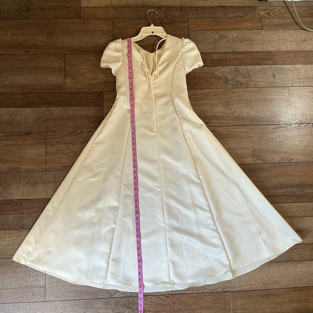 VINTAGE Size 9 Ivory Satin Union Made ILGWU Dress Puff Sleeve A-Line USA #13812