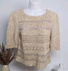 Vintage 80s Evan Picone Linen Silk Blend Hand Knit Sweater Size S Bobbles Beige