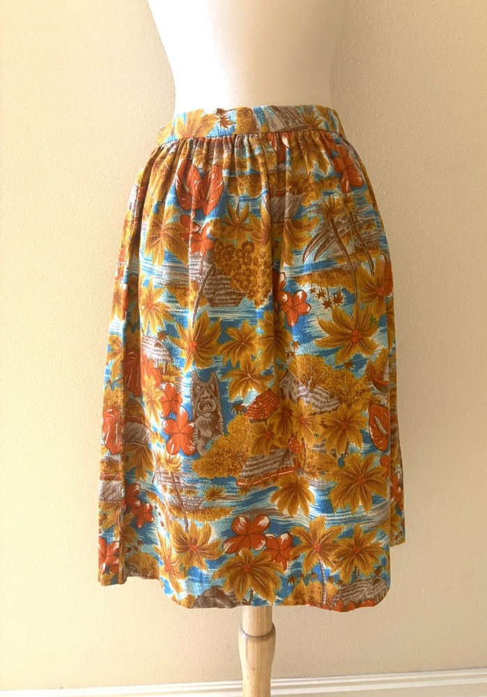 Vintage 50s 60s Orange Blue Bark Cloth Tiki Palm Print Hawaiian Skirt M