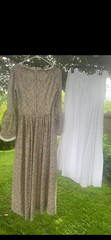 VTG Womens Prairie Colonial Patriotic Handmade long beige calico Dress &Slip M