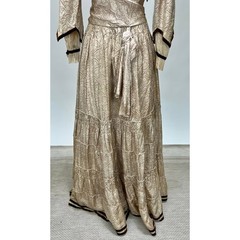 Antique Victorian Beige Printed Silk Two Piece Set Velvet Trim Net Lace Smocking