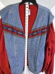 Jerzees Womens Red Denim Tribal Jacket Open Front Reworked 90s 3XL Handmade Vtg
