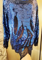 Vintage Oleg Cassini Black Tie Blue Sequin Flame Top XL Silk Beaded Trophy…