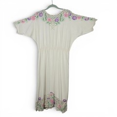 Vintage 70s White Floral Embroidered Crochet Lace Maxi Dress Elastic Waist Boho
