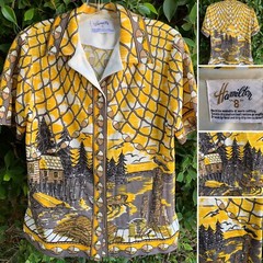 Vintage Hamilton 8 Forest Cabin Boat Water Nature Mod 60s MCM Blouse Top Shirt