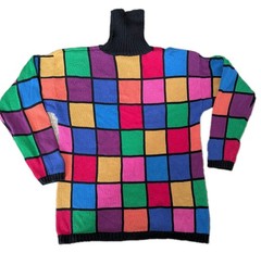 VTG 90s Rafaella Multicolored Squares Turtleneck Oversized Sweater Size Medium