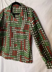 Vintage 60/70’s Tunic Blouse Women’s, Olive Green & Red White Geo Print, L, EUC