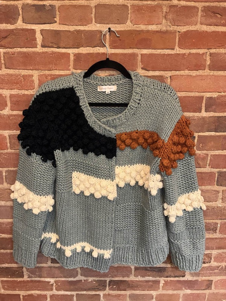 Simply Couture Blue Chunky Knit Bobble Colorblock Cardigan Medium Seasonal