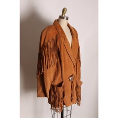1980s Tan Brown Leather Long Sleeve Fringe Western Coat by Frontier Collection