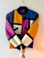 Vintage Global Identities 100% Leather Colorblock Matching Jacket Skirt Set