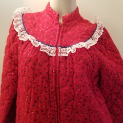 Vintage Red Calico Flannel Long Granny Prairie Quilted Robe Lounge Maxi M/42