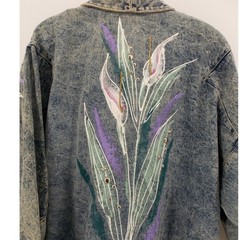 Vintage Hand Painted Blue Acid Wash Floral Studded Denim Jacket SMALL Maximalist