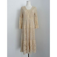 Vintage Cream Lace Embroidered Bell Sleeve Dress Boho Prairie Western Romantic M