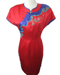 Vtg 60s-70s Silk Dress Red Cheongsam Qipao Wiggle Dress Embroidered Size Large