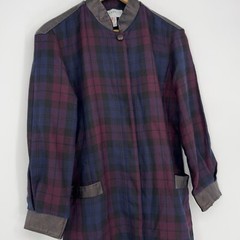 Ted Lapidus Couture Women’s Coat Navy Burgundy Plaid Leather Trim FR 42