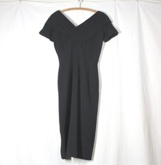 Vtg 50s SUZY PERETTE Black Dress Draped Low Neck Slim Skirt Xs/S w25 Pinup Rare
