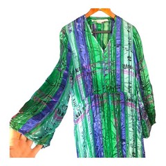 Vintage Anne Crimmins UMI 100% Silk Midi Dress Green Blue Bell Sleeve Size 8