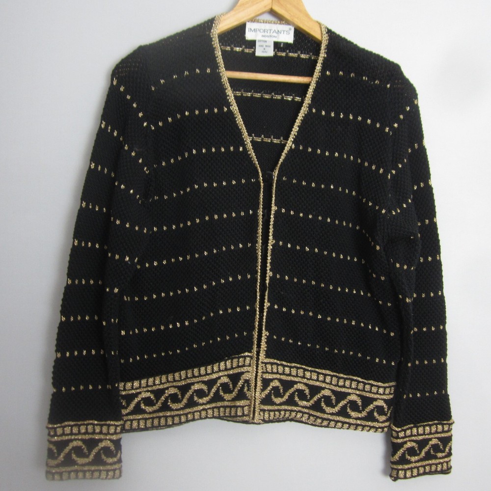 Vintage Importants Boston Womens S / M Black Gold Metallic Cardigan Sweater Peru
