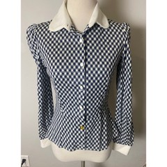 Vintage 40’s/50’s Navy White Gingham Plaid Collar Peplum Top long sleeve