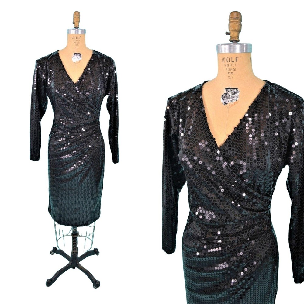 Vintage Black Sequin Dress 80s Surplice Cocktail W 27″