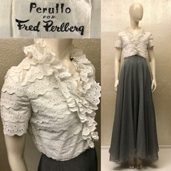 Vintage 1980’s Ladies PERULLO for FRED PERLBERG White Grey Eyelet Maxi Dress