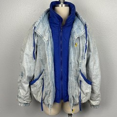 Vintage 90s Gitano Acid Wash Denim Bomber Jacket Blue Yellow Women’s Small