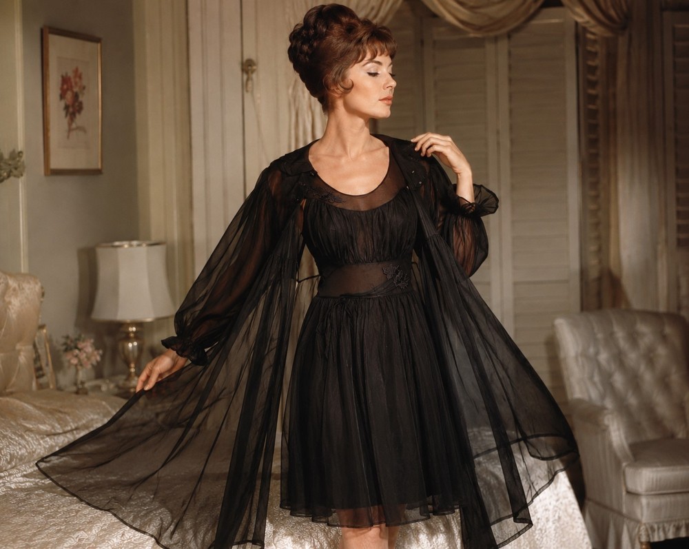 Vintage Black CHIFFON Teddy Gown Peignoir Set Shadowline Gothic Babydoll sz 34