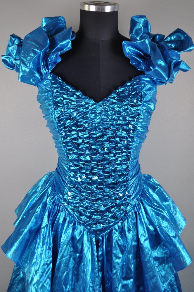 Vintage Zum Zum Prom Dress 1990s Blue Metallic size 7/8 Lamè with Sequins
