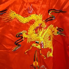 Golden Bee Red Robe Jacket Embroidered Golden Dragon Kimono Long Tie Large READ