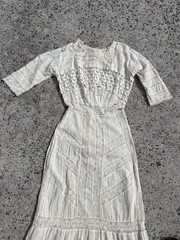 VTG Wounded 1900s Ivory Embroidered Cotton Lace Edwardian Tea Dress Size Small