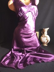 Vtg Satin Shiny Grape Purple Nightie Pleat Satin Nightgown Negligee