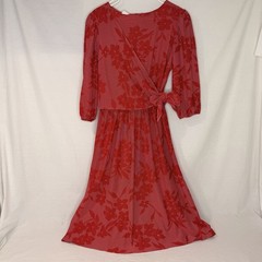 Vintage Red Floral Wrap Midi Dress 90s Made in USA Size 18 27 Waist
