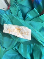 1950’s VTG TURQUOISE SATIN HARRY KEISER SZ XS-S 30” Breast DRESS T-Length USA