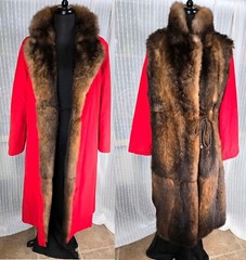 Vintage Fur Coat ~ Brown Opossum Fur ~ Reversible Red Belted Trench Coat