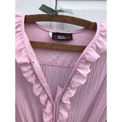 Vtg Rare Dress Liz Petites Inc. Pink Polyester Ribbed 70s Disco Mod Ruffles Boho